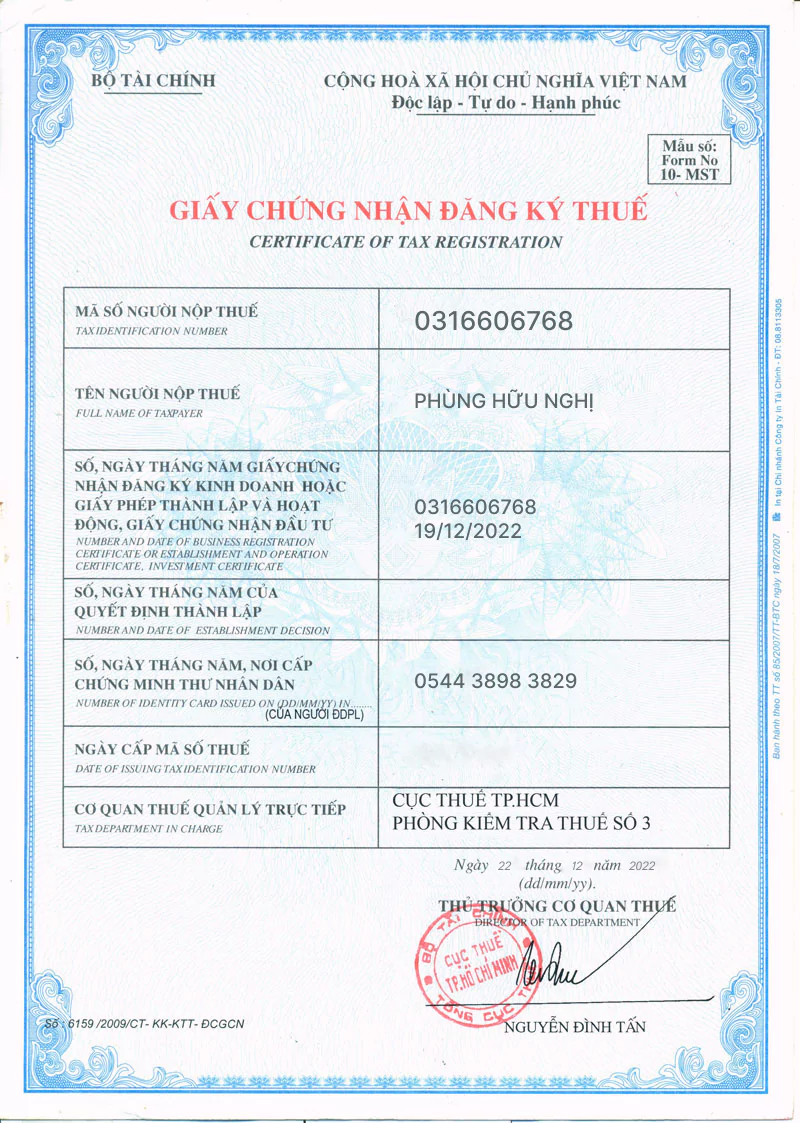 Giấy chứng nhận đăng ký thuế tại Việt Nam của MB66